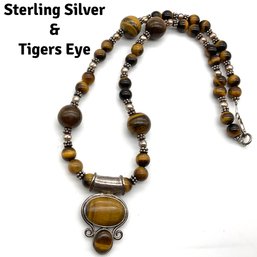 Lot 50MM- NICE! Sterling Silver With Tigers Eye Signed C Necklace & Pendant