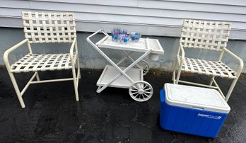 Lot 114G - Fun Patio Lot - Plastic Tea Cart - Lawn Chairs - Coleman Cooler