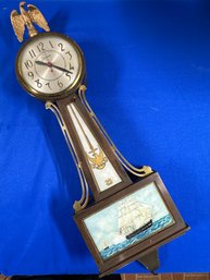 Lot 440SES - Vintage Sessions Nautical Tall Ship Banjo Wall Clock - Made In USA With Metal Eagle At Top
