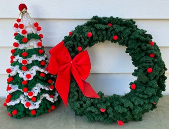 Lot 54SD- Crocheted Pompom Tabletop Christmas 14 Inch Tree And Wreath Decor