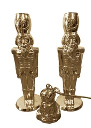 Lot 330SES - Godinger  Gold Tone 1994 Signed - Toy Soldier Nutcracker Candlestick Holders & Snuffer