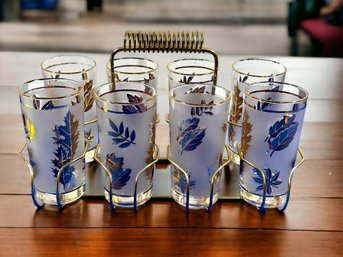 Lot 442SES - 1960s Libbey Golden Foliage Tall Frosted Tumbler Highball Set With Metal Caddy