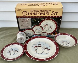 Lot 57TB- Royal Seasons Stoneware Winter Dish Set For 4 In Box - Snowman - 16 Pieces