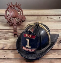 Lot 443SES - Vintage AUX 1 Dundee NH Fireman Helmet - Cairns Brother And Cast Iron Firefighter Decor