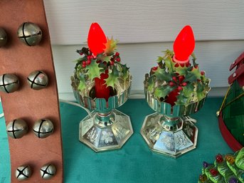 Lot 59SES- Window Candles - Sleigh Bells - Small Ceramic Tree - Basket - Christmas Decor