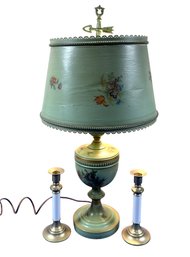 Lot 445SES - Hand Painted Green Metal Electric Lamp -  2 Candlestick Holders - Country Home Decor - Americana
