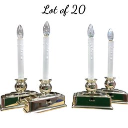 Lot 74RR- Lot Of 20 LED Window Candles 12 Inch Gold Plate Base Battery Operated Clear Glass Bulbs 8 Hour Timer