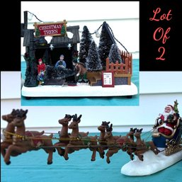 Lot 302KS- Christmas Tree Farm & Santas Reindeer In Flight - Decor - Need Batteries