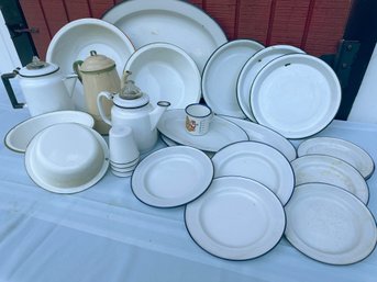 Lot 312 - 1940s Enamelware White Blue Red Enamel Dishes Bowls Oval Platters - Mount Gay Rum Nation Farmhouse