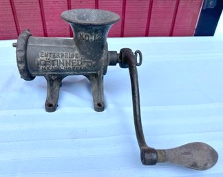 Lot 313 - Enterprise No 12 Tinned - Meat Cast Iron Table Top Chopper Antique Hand Crank Sausage Grinder