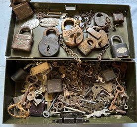 Lot 351 - Antique Locks - Yale - RFD - US Navy - Plus Old Key Collection Some Skeleton - Green Tin Box