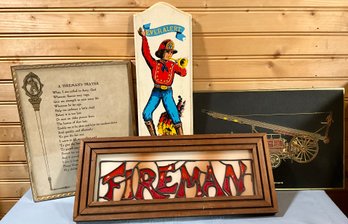 Lot 21- Vintage FIREMAN Wall Decor- Glass Hanging - Prayer- 1914 Motor Engine