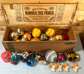 Lot 23- Antique Christmas Tree Ornaments- Angels - Nimble Six Pence Box - Silver - Gold Decor