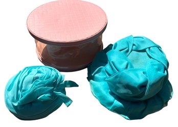 Lot 301SES - AQUA & PINK LOVERS! 2 Vintage Cloche Tulle Hat In A Hat Box - Union Made USA