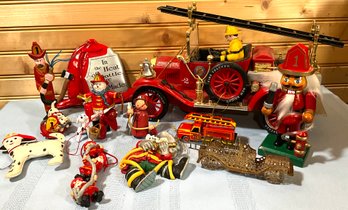 Lot 27- Nice Collection Of FIREMAN Christmas Tree Ornaments & New Bright Chicago Truck - Nutcracker Decor