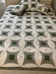 Lot 44- Queen Quilt With Pillows, 1 Sham - Green With Sweet Pink Flowers