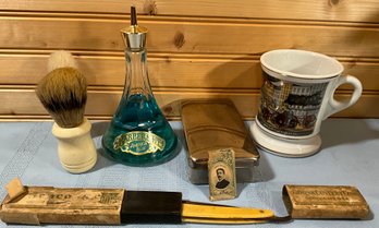 Lot 35- Shaving Lot- Mustache Mug- Straight Razor In Box- Gillette Razor- Brushes & Barber Shop America Blue