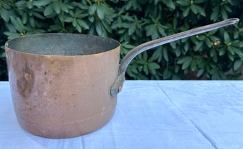 Lot 328 - Very Large Hand Forged Copper Sauce Pot - Cast Iron Handle - Primitive Pan - J Gonzalez Granada