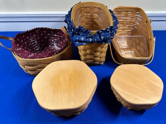 Lot 56 - Longaberger Baskets- Various Sizes - Some Covered - Lot Of 5 Handwoven