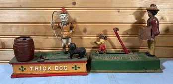 Lot 40- Cast Iron Repro Banks - Trick Dog And Monkey Bank - Need Repair - Lot Of 2 - James Carron Collection