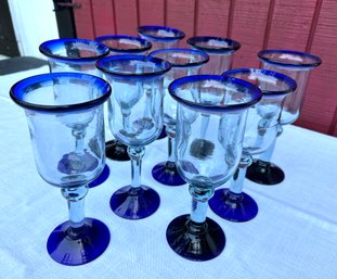 Lot 331SECONDCHANCE  - 1990s 10 Handblown Art Glass Cobalt Blue Rim Heavy Weight Goblets Wine Glasses