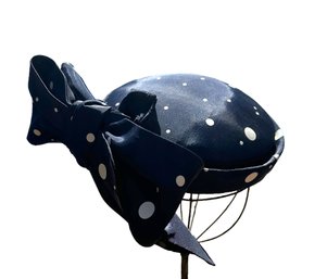 Lot 311SES-1950s Navy Blue White Polka Dots Pillbox Vintage Hat With Bow - Tie