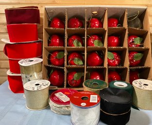 Lot 42- 1980s Red Apple Christmas Tree Ornaments & Velvet - Holiday Ribbon Collection