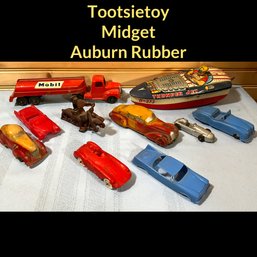 Lot 38- Tootsietoy Mobil Gas Truck Midget Car Auburn Rubber Car Iron Motorcycle 1950 Thunderjet Boat Toy Lot