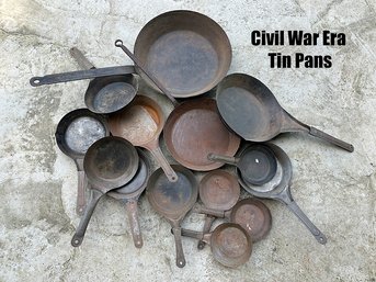 Lot 333 - Large Collection Civil War Era Tinware Pans - L&G Manufacturing - Acme - Cowboy Camping Cold Handle