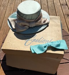 Lot 317SES- 1968 Sears Church Hat In Pastel Aqua With Hair Bow Accessory