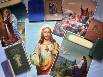 Lot 370 - Great Lot Of 4 Religious Lithos From The 1940s - And 6 Antique Books Religion - Poetry -