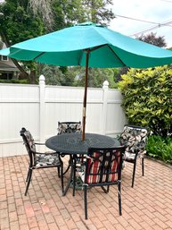 Lot 2: Wrought Iron Outdoor Table Patio Set  With Umbrella And 4 Chairs