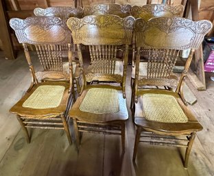 Lot 175G2 - Nice Set Of 6 Pressed Oak Dining Room High Back Spindle Chairs Cane Seat