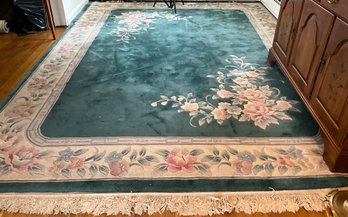 Lot 75- Chinese Oriental Green And Pink Floral Rug 11.5 X 8 Feet - BRING HELP TO ROLL UP AND CARRY