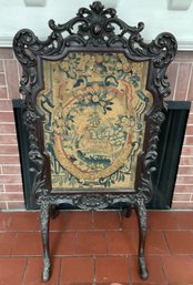 Lot 10: 1850s Rococo Revival Victorian Carved Wood Fireplace Screen With Tapestry