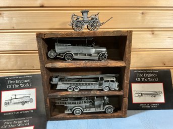 Lot 46- 1988 The Franklin Mint Pewter Fire Engines Of The World & Wood Shelf Crate