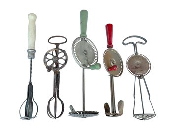 Lot 348 - Great Collection Of 5 Handheld Beaters - Through The Ages From 1800s - 1950s - Antique - Mid Century