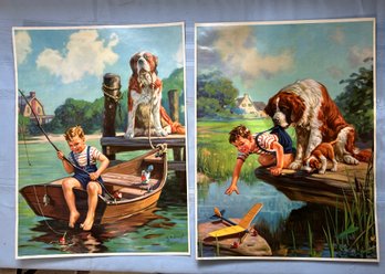 Lot 373 - 2 - 1940s Nice Dog And Boy Lithos - Fishing - Country Charm By Hy Hintermeister - St Bernard