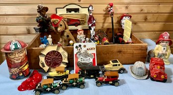 Lot 47- Fireman Collectibles - Vintage Trucks Cars - Figures - Dalmatian Dog - Fire Man Lot In Antique Crate