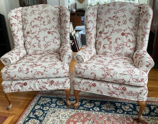 Lot 12: Pair Of Matching Wing Back Crewel Chairs - Great Condition!