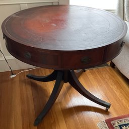 Lot 13: Antique Mahogany Drum Pedestal Center Table - Leather Top - On Wheels