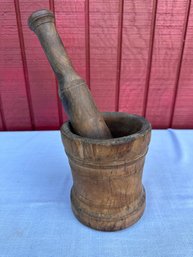 Lot 352 - Primitive Well Worn Wood Mortar & Pestle - Kitchen Tools Antique Hand Held Culinary Utensil