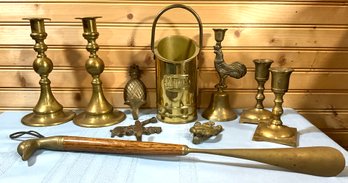 Lot 51- Brass Candle Sticks - Bell - Match Holder - Duck Shoe Horn - Eagle Door Knocker- Wall Hooks