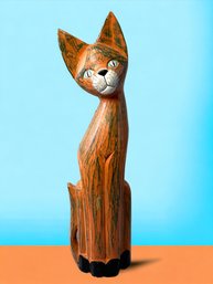 Lot 302 - Tall Mid Century Primitive Retro Wood Sculptured Cat Hand Painted