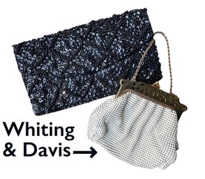 Lot 329SES- Small Whiting & Davis White Metal Mesh Evening Bag Clutch 2897 USA - Plus Black Sparkle Wallet