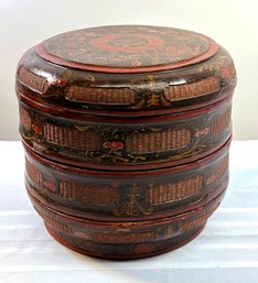 Lot 309 - Antique Chinese Oriental Red Black Lacquer Wood Rattan Wedding Basket - 4 Tier