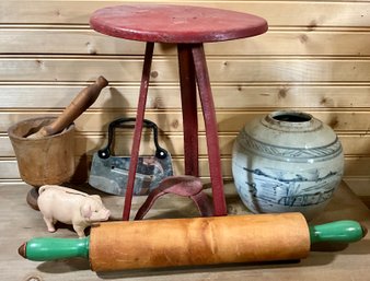 Lot 60- Primitive Red Metal Milking Stool- Cast Iron Pig Bank- Mortar Pestle - Rolling Pin- Pottery - Vintage