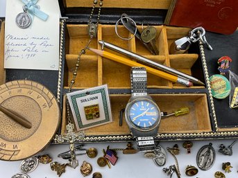 Lot 9- Mens Dresser Box - Watch - Rosary - Religious Pins - Key-Bak Chain Reel - Measuring Tape - Vintage