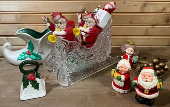 Lot 62- Vintage Santa On Skis- Heavy Plastic Sleigh- Salt & Pepper- Elf Shoe Planter- Bell- Christmas Decor