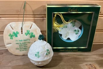 Lot 66- BELLEEK Ireland Shamrock - 2 Christmas Tree Ornaments And Irish Blessing Shell -3